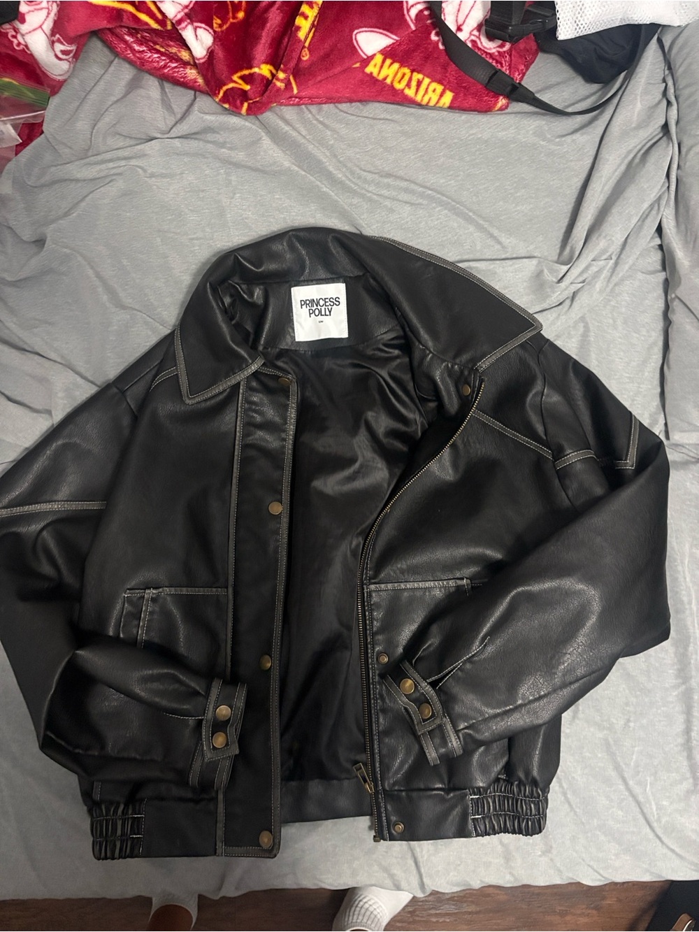 Princess Polly Black Faux Leather Jacket with Contrast Stitching Size S/M
